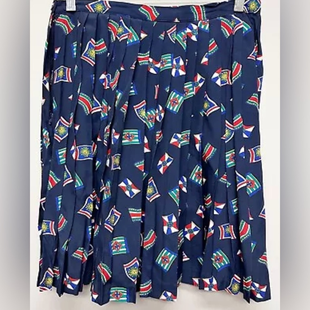 Vintage Talbots Navy Blue Nautical Celestial Sun Flags Print Pleated Skirt Sz 10